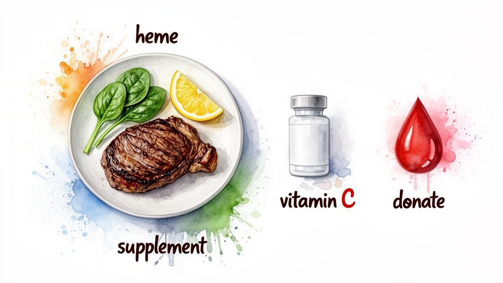 Visual guide to iron sources like steak and spinach, vitamin C, and blood donation for health.