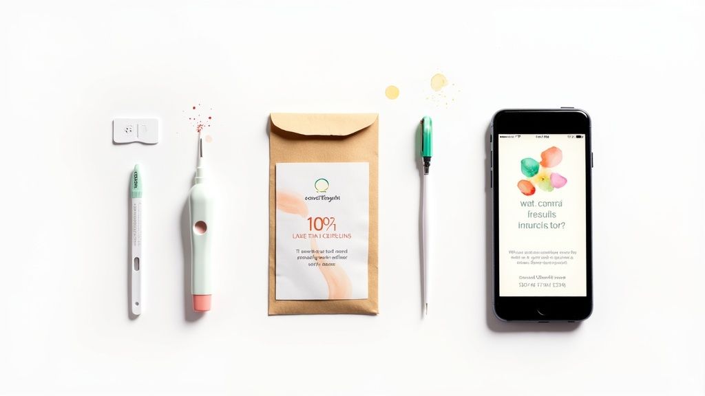 A person using an at-home blood test kit with a lancet and collection tube.