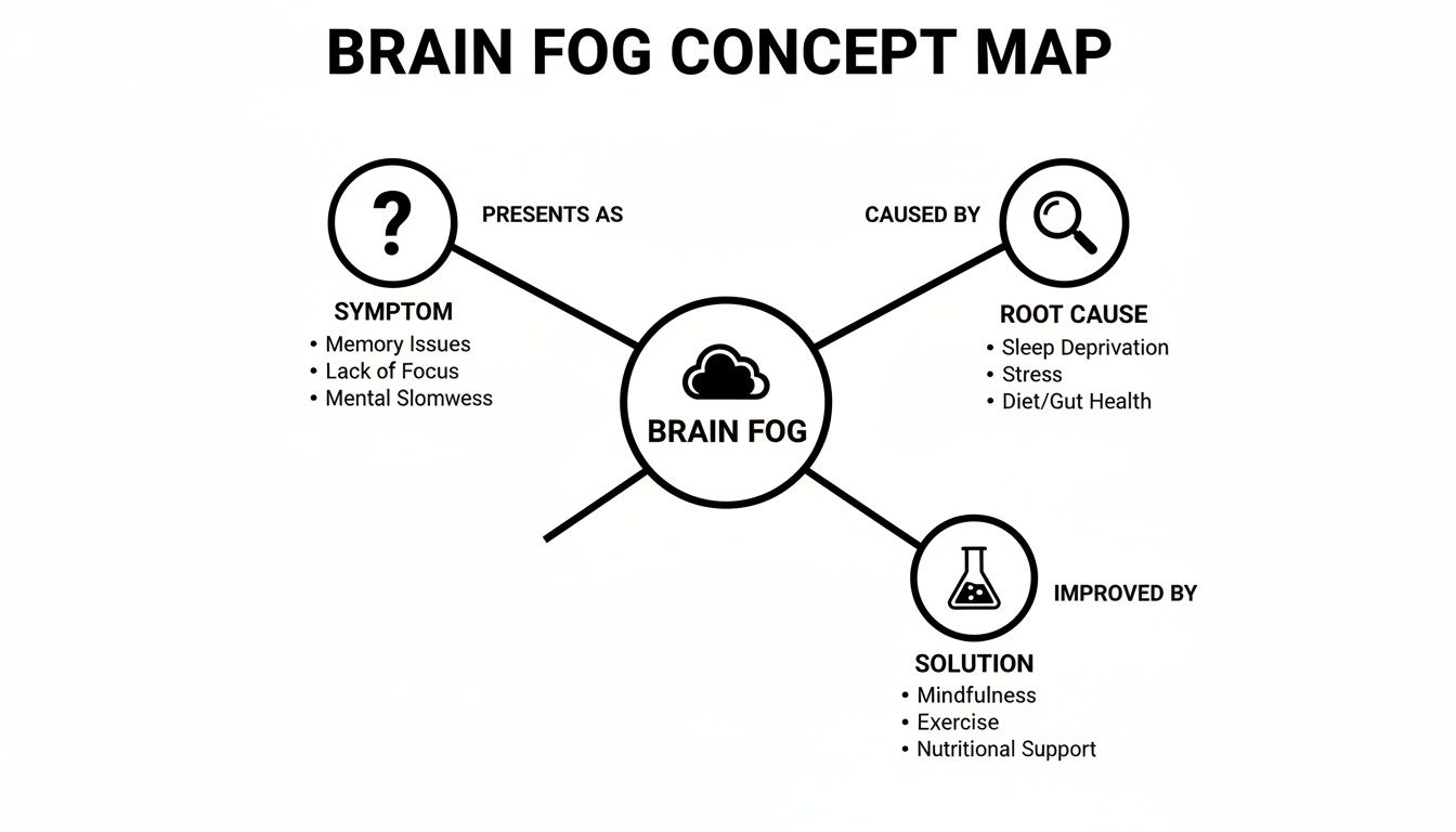 A concept map illustrating brain fog, its symptoms, root causes, and solutions for improvement.