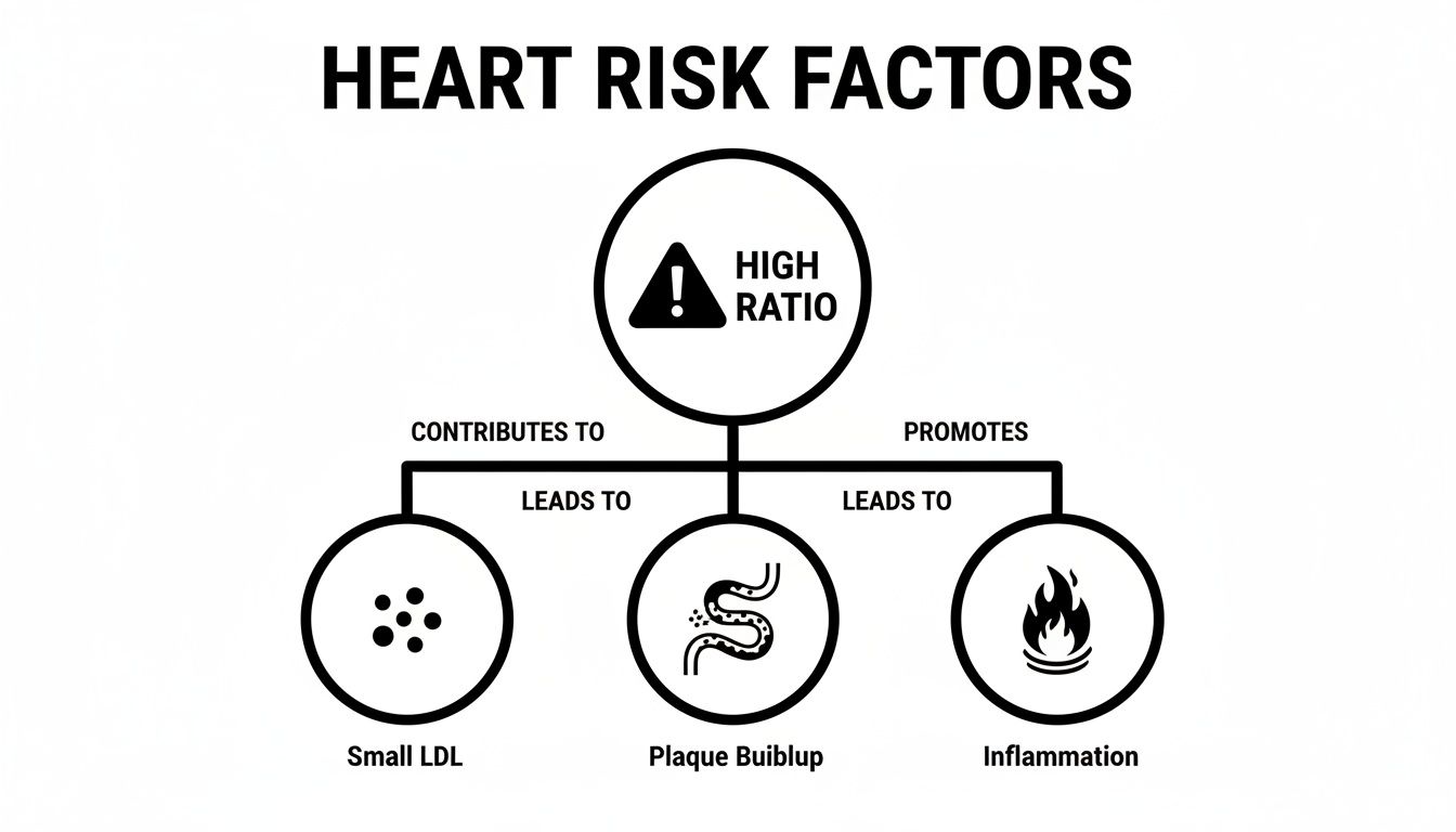 Diagram illustrating heart risk factors where a high ratio contributes to small LDL, plaque buildup, and inflammation.