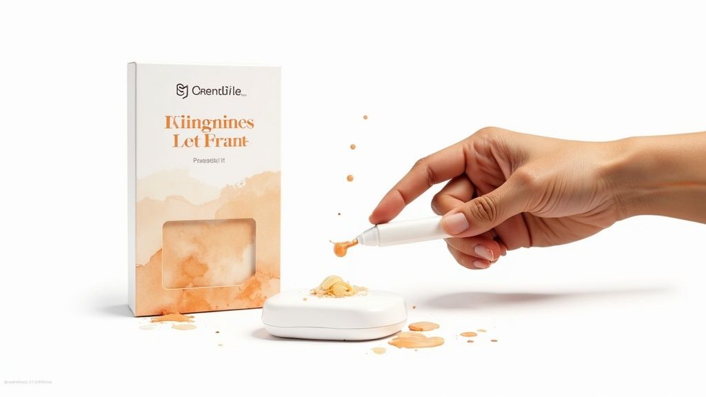 A person using an at-home finger-prick blood test kit on their fingertip.