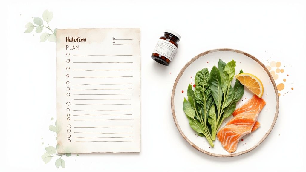 A colourful plate of nutrient-rich foods including salmon, avocado, and leafy greens, representing a personalised nutrition strategy.