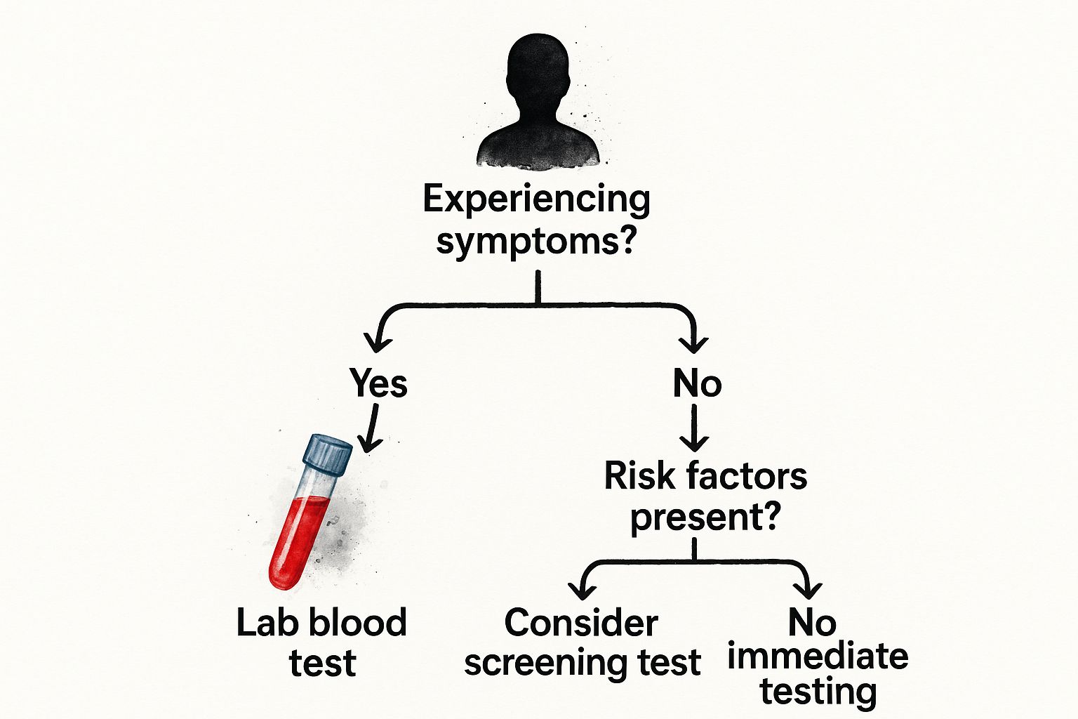 An infographic decision tree showing how to decide on vitamin deficiency testing based on symptoms and risk factors.
