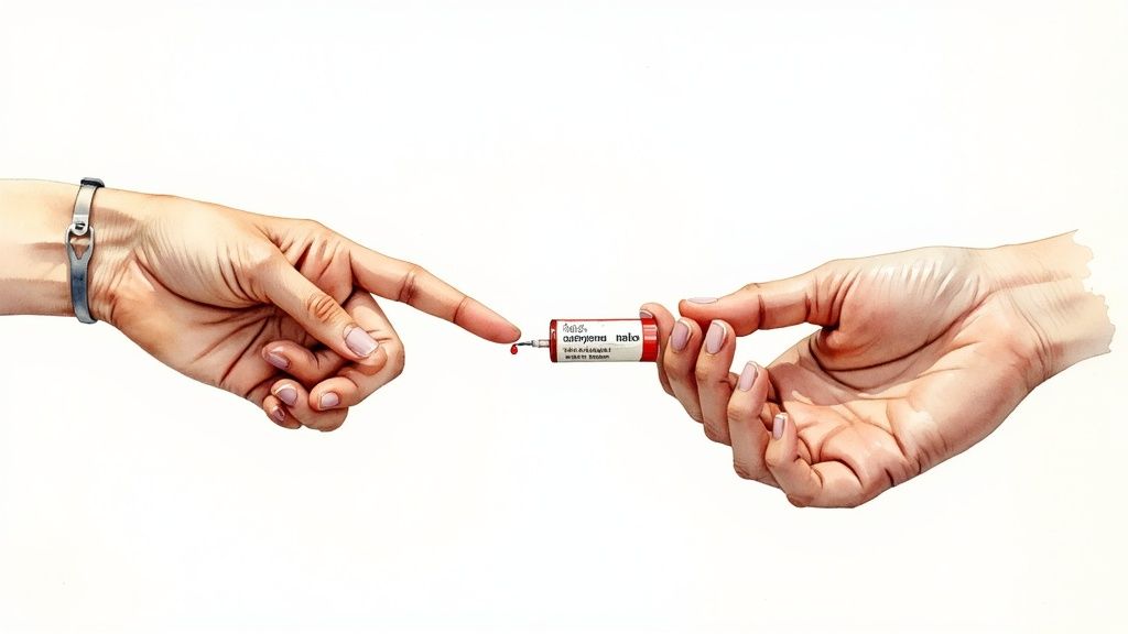 Two hands interacting, one finger with a blood drop hovering over a small medical sample vial.