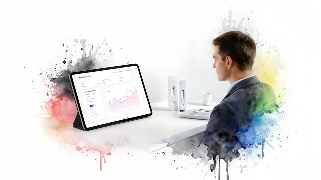 A man views health data on a tablet next to two diagnostic test kits on a white desk.