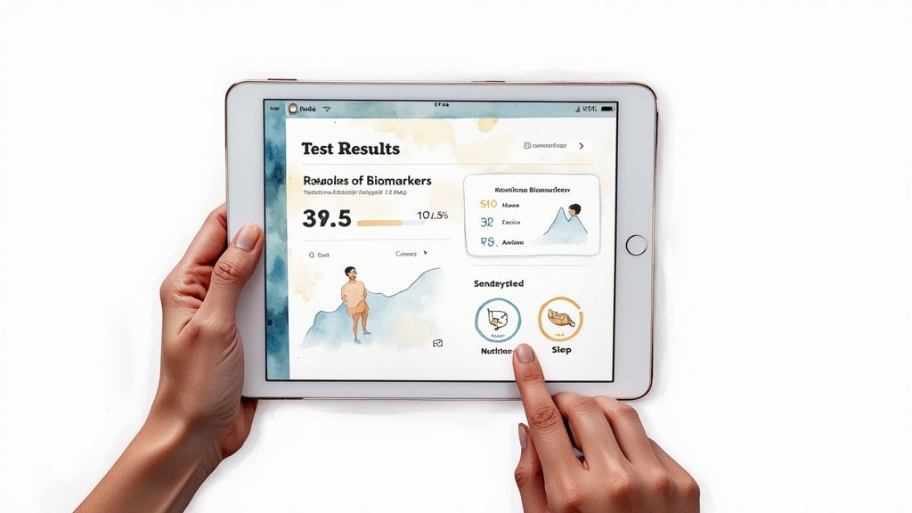 A person views their health data on a smartphone, with charts and metrics clearly displayed.