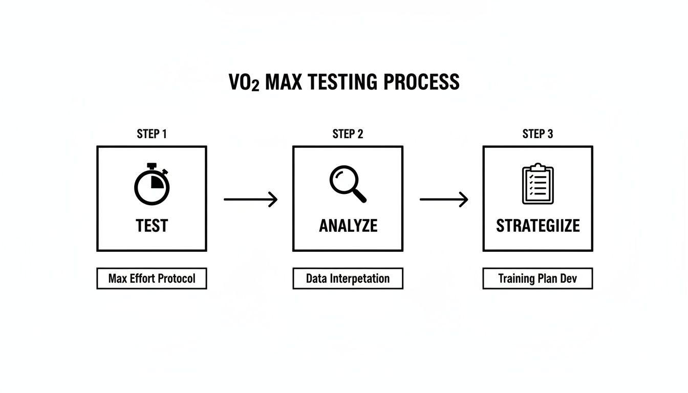 A flowchart detailing the VO2 Max testing process: Test, Analyze data, and Strategize training plans.
