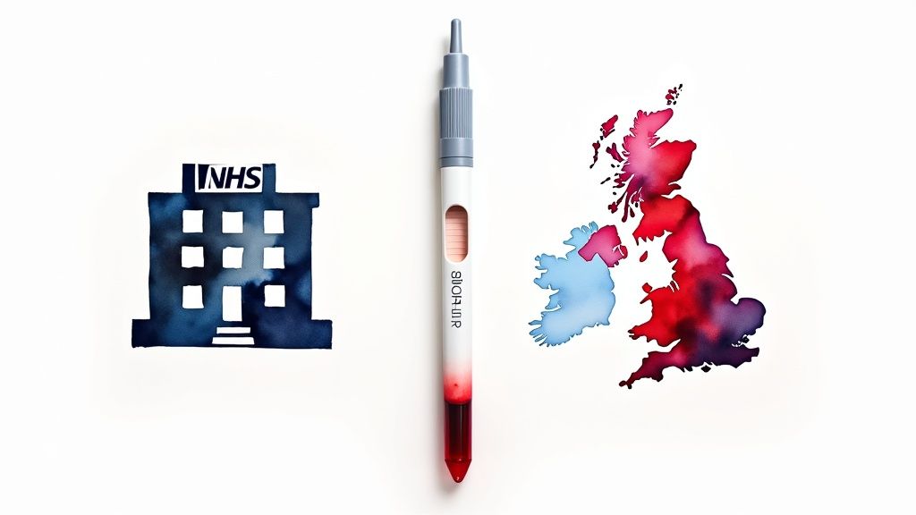 A person is having blood drawn from their arm by a medical professional in a clean, modern clinic.