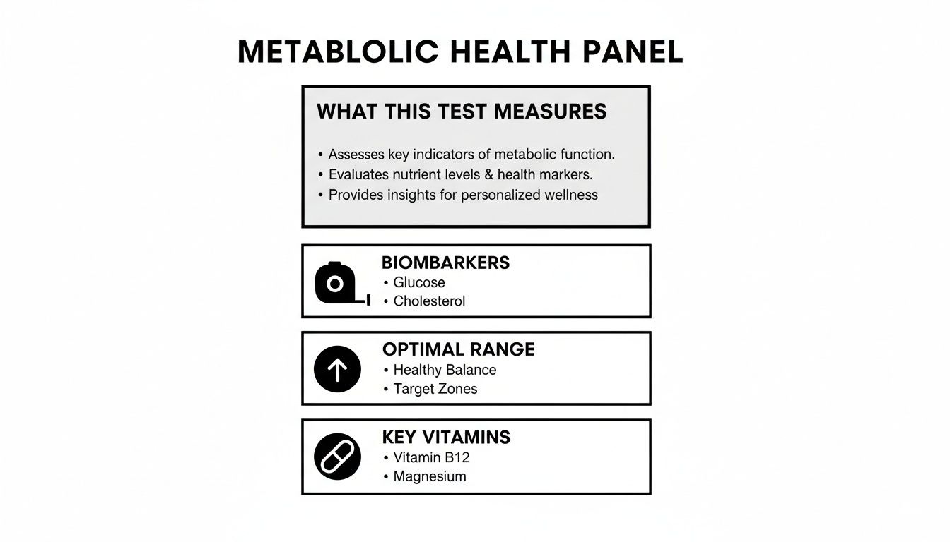 A metabolic health panel details test measures, biomarkers like glucose and cholesterol, optimal ranges, and key vitamins.