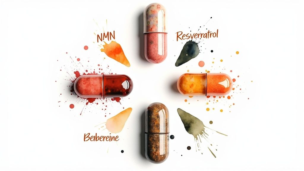 Close-up of various supplement capsules and powders arranged neatly.