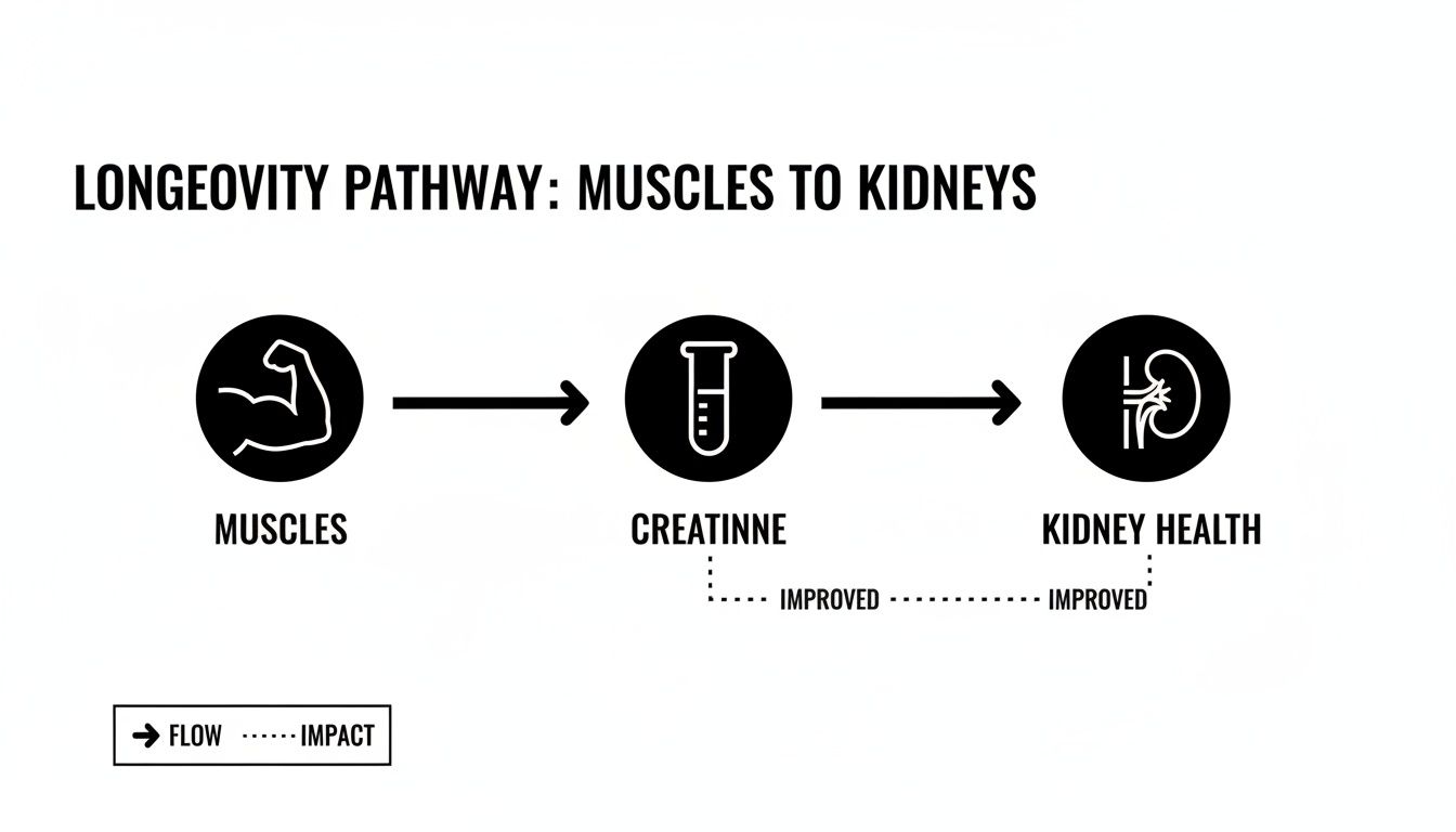Infographic illustrating the longevity pathway: muscles, creatinine, and improved kidney health.
