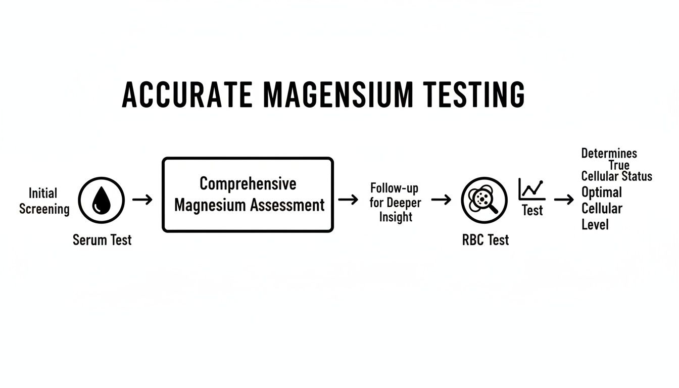 Flowchart illustrating accurate magnesium testing: initial serum screening, comprehensive assessment, RBC test, to determine true cellular status.