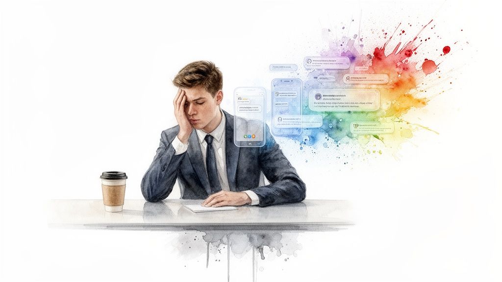 Overwhelmed man with hand on head, distracted by floating phone notifications and colorful splatters.
