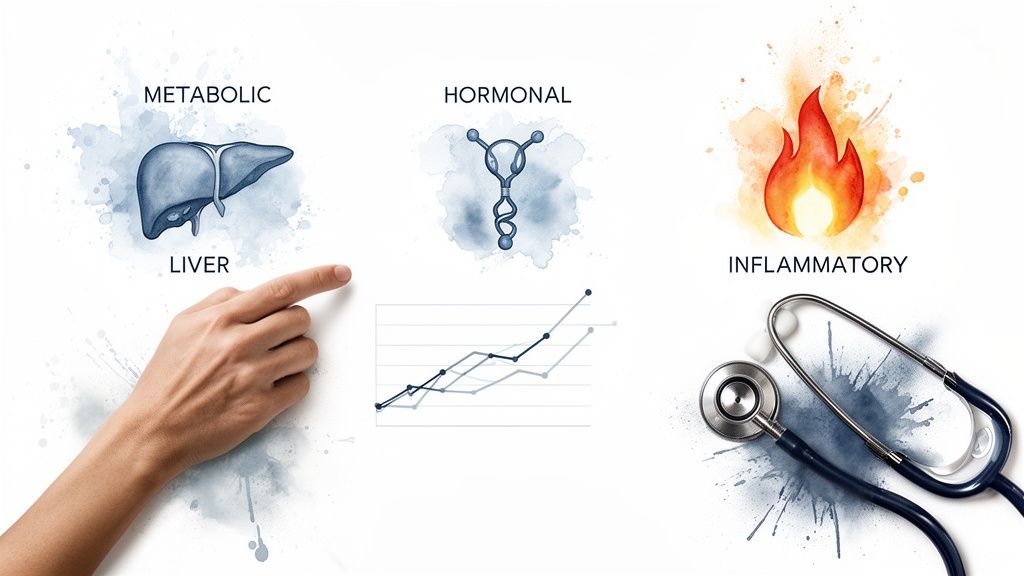 Medical illustration depicting metabolic, hormonal, and inflammatory health factors with a stethoscope and graph.