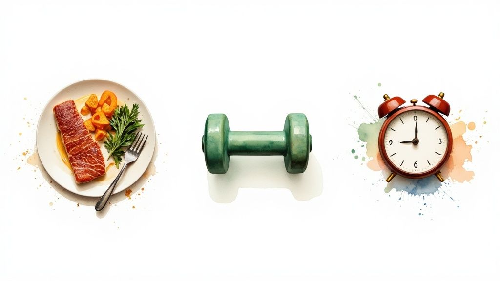 A plate of salmon and vegetables, a green dumbbell, and an alarm clock symbolize a healthy lifestyle.