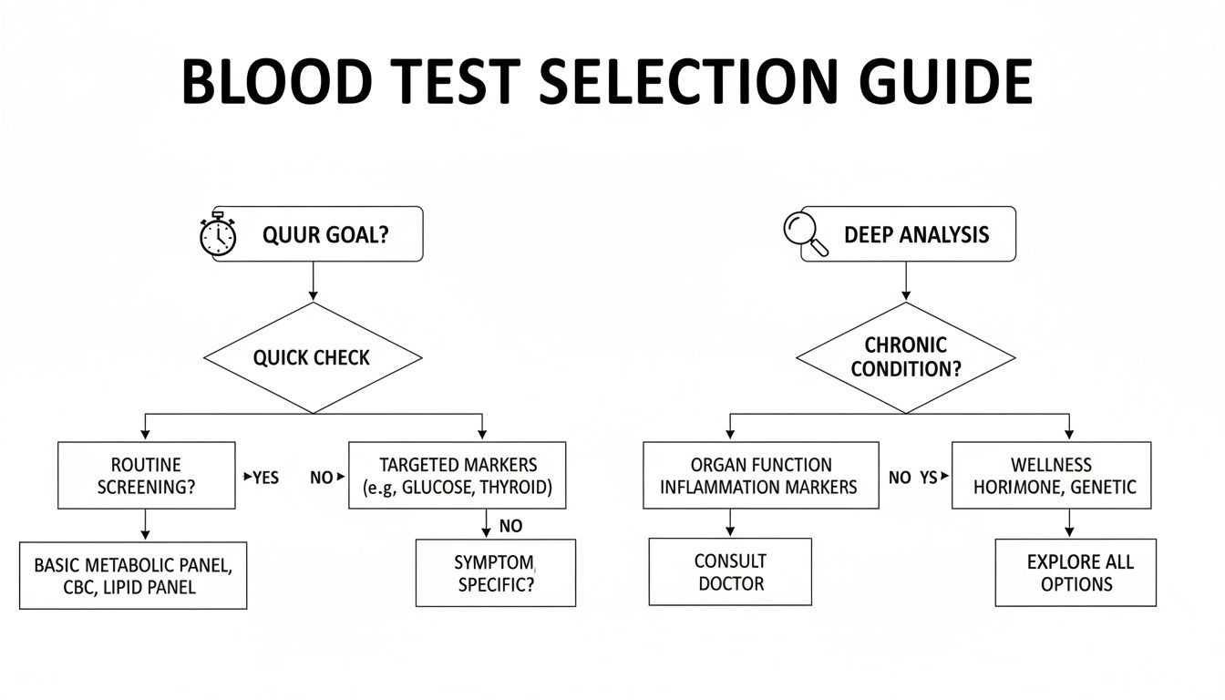 A thorough flowchart detailing a blood test selection guide for quick checks and deep analysis.