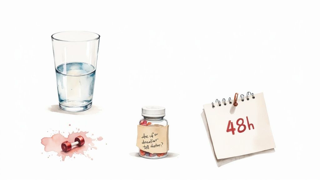 A glass of water, dumbbell, pill bottle, and 48h note, symbolizing medical preparation or recovery.