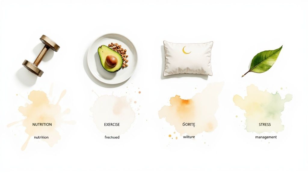 A clean, top-down view of health pillars: exercise (dumbbell), nutrition (avocado), sleep (pillow), and stress management (leaf).