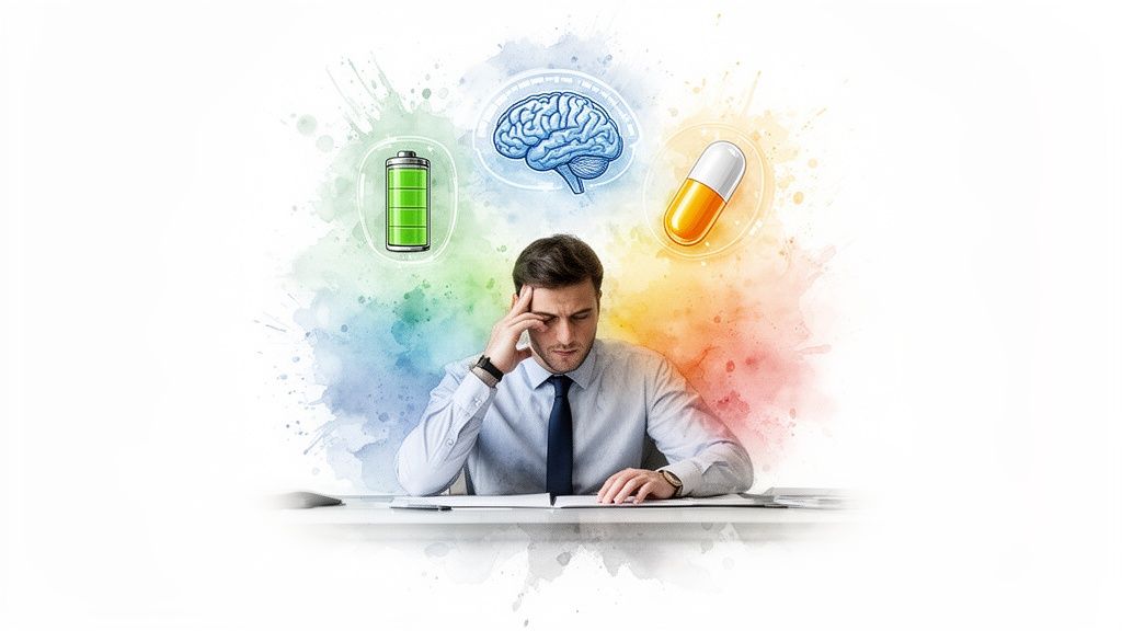 Businessman contemplating mental well-being, surrounded by icons for brain health, energy, and a pill.