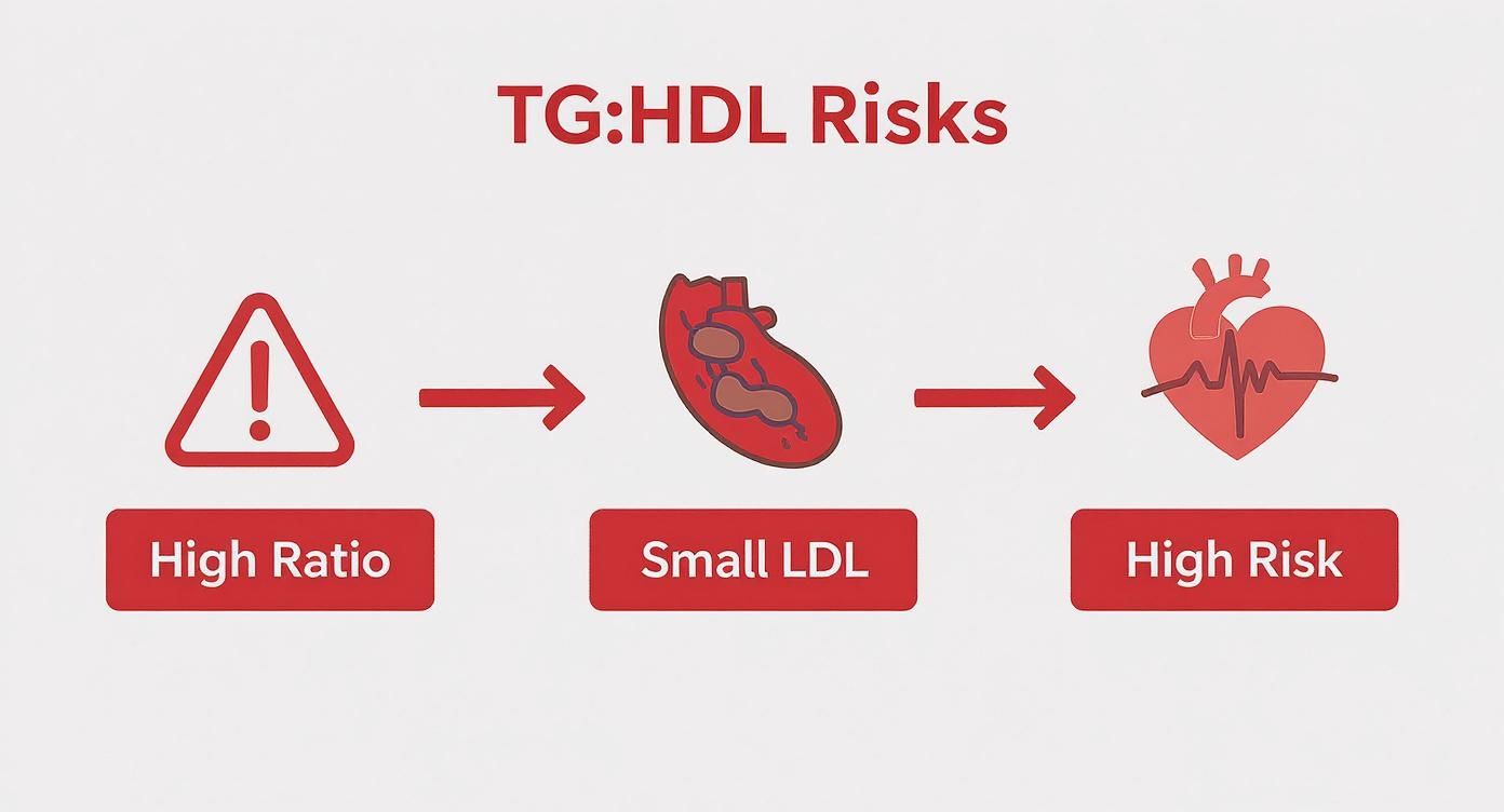 Infographic showing TG to HDL ratio risks from high ratio to small LDL particles leading to cardiovascular disease