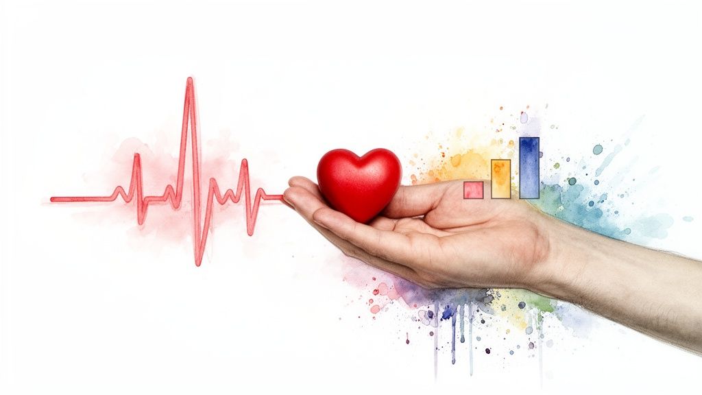 A hand holds a red heart, with an ECG line and colorful bar graphs representing health data.