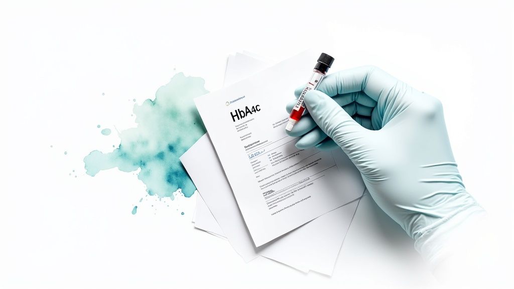 A gloved hand holds a blood sample vial over a medical form for an HbA4c test.