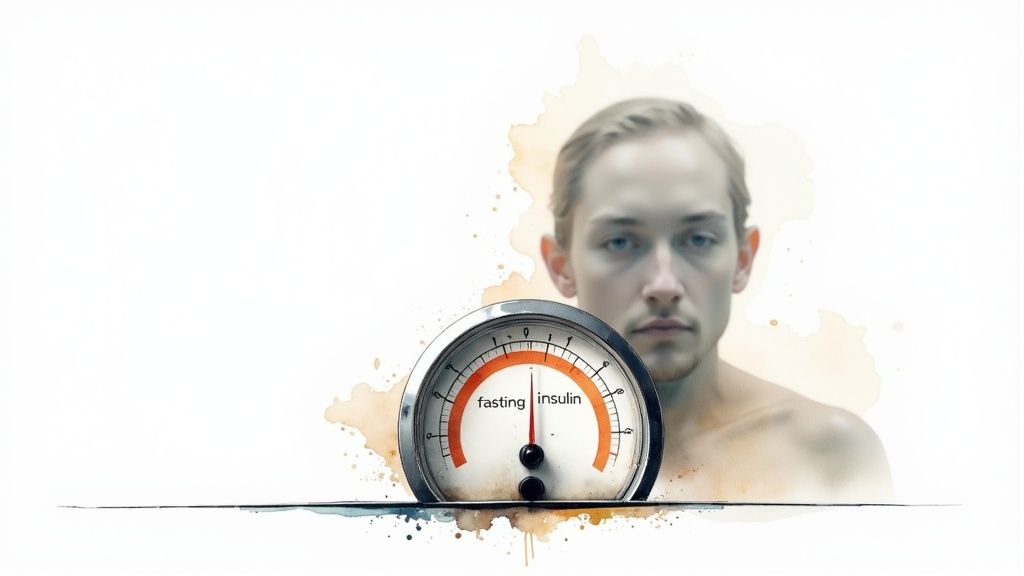 Young man with fasting insulin gauge meter showing metabolic health measurement concept