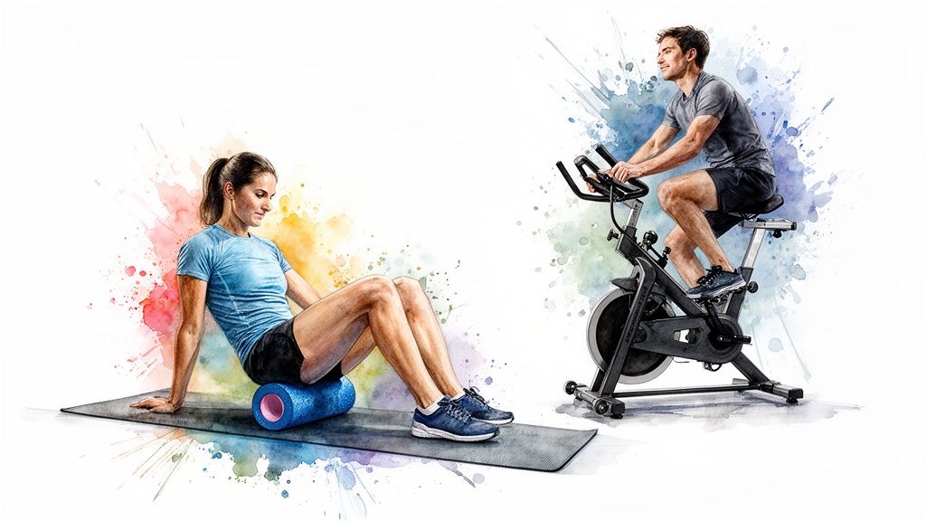 A woman foam rolling for muscle recovery and a man cycling on a stationary bike.