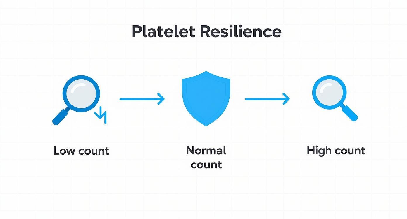 Infographic illustrating platelet resilience, showing a flow from low count to normal (protected by a shield) to high count.