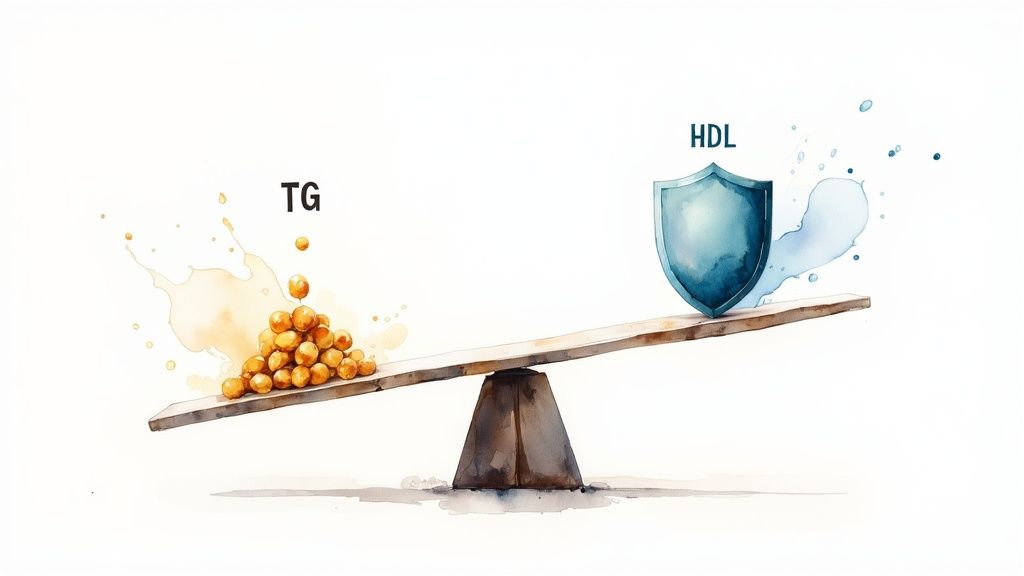 Seesaw balancing triglycerides and HDL cholesterol represented by orange spheres and blue shield