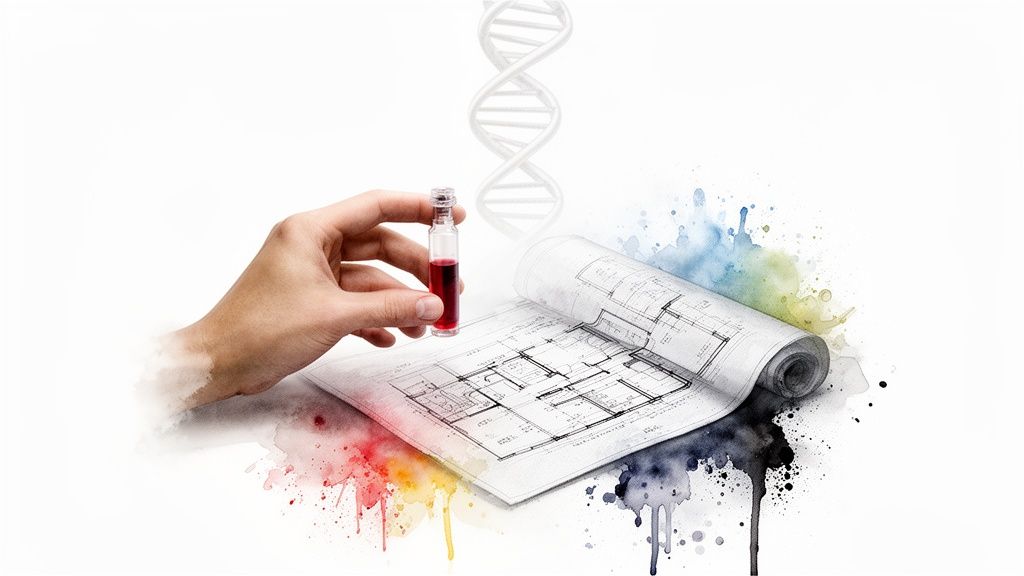A hand holds a red liquid vial over architectural plans with a DNA helix and watercolor splatters, blending science and design.