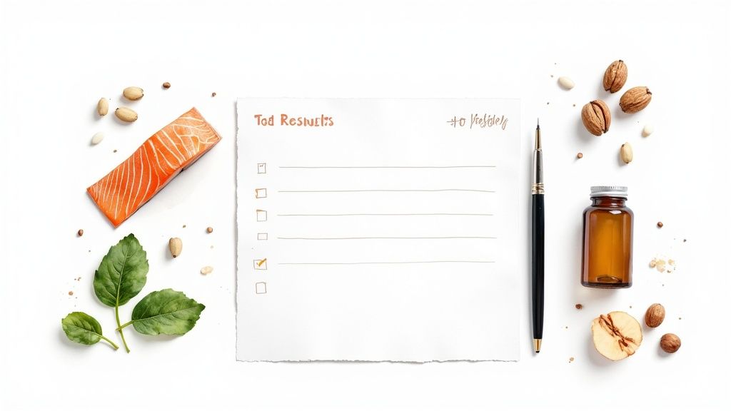 A flat lay of health and nutrition items including salmon, nuts, leaves, a checklist and a pen.