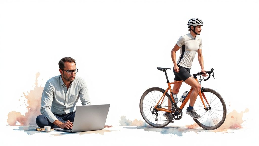 A man working on a laptop sits opposite a cyclist standing with his orange bike.