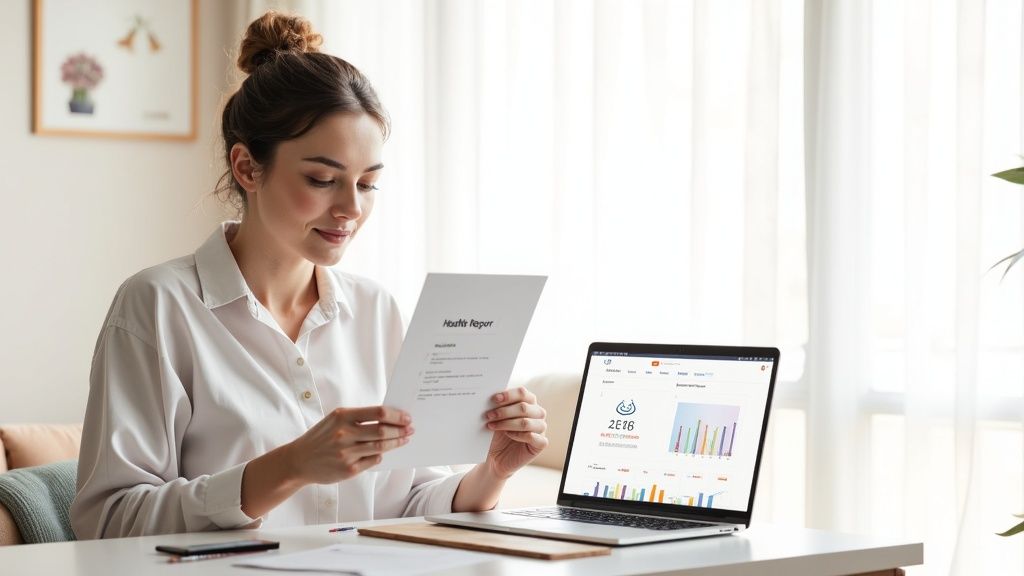 A woman reviews a health report document while looking at data on her laptop in a bright room.