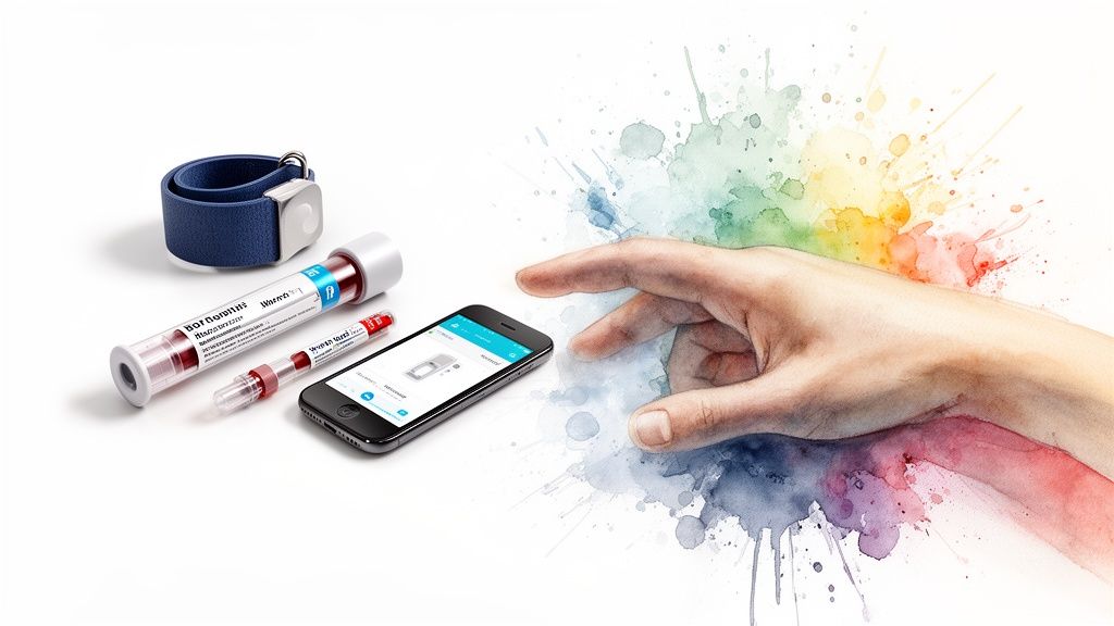 Medical blood test tubes, a smart wearable, and a phone with a health app near a hand and colorful splashes.