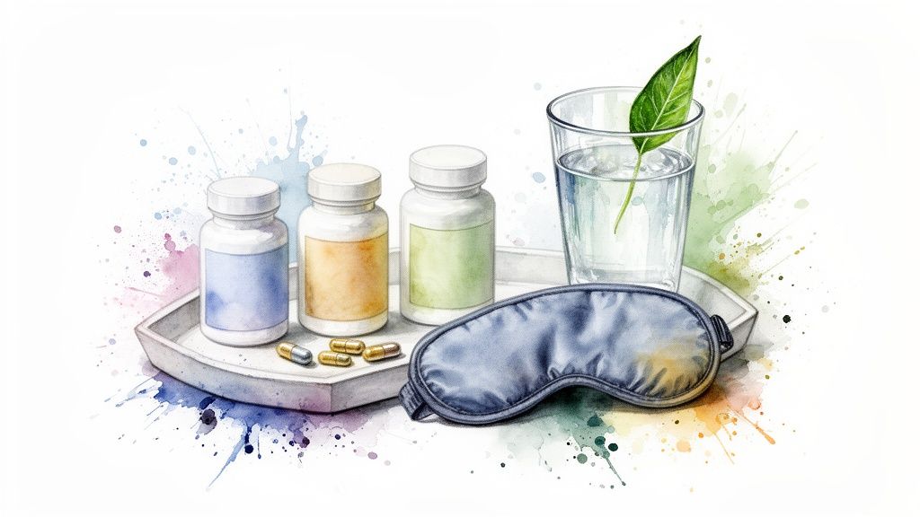 Watercolor image featuring natural supplements, a sleep mask, and water for relaxation and wellness.