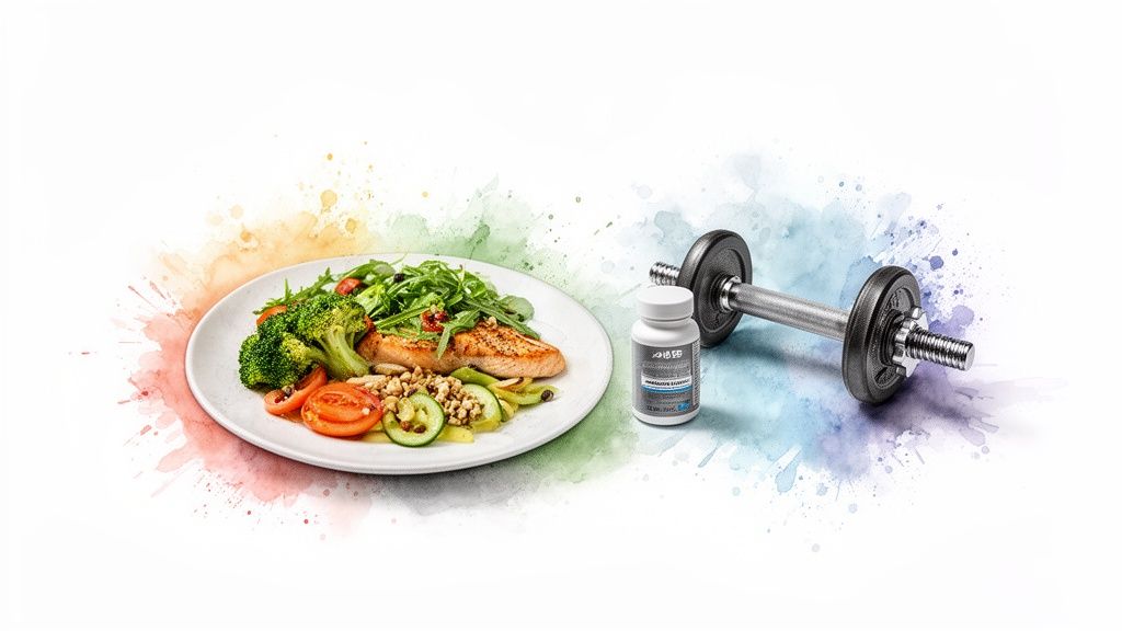 A balanced meal with salmon and vegetables, a supplement bottle, and a dumbbell for fitness.