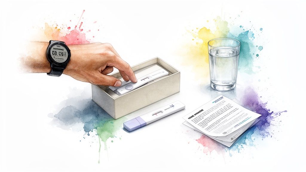 A hand removes a home hormone test strip from its box, with a glass of water and instructions nearby.