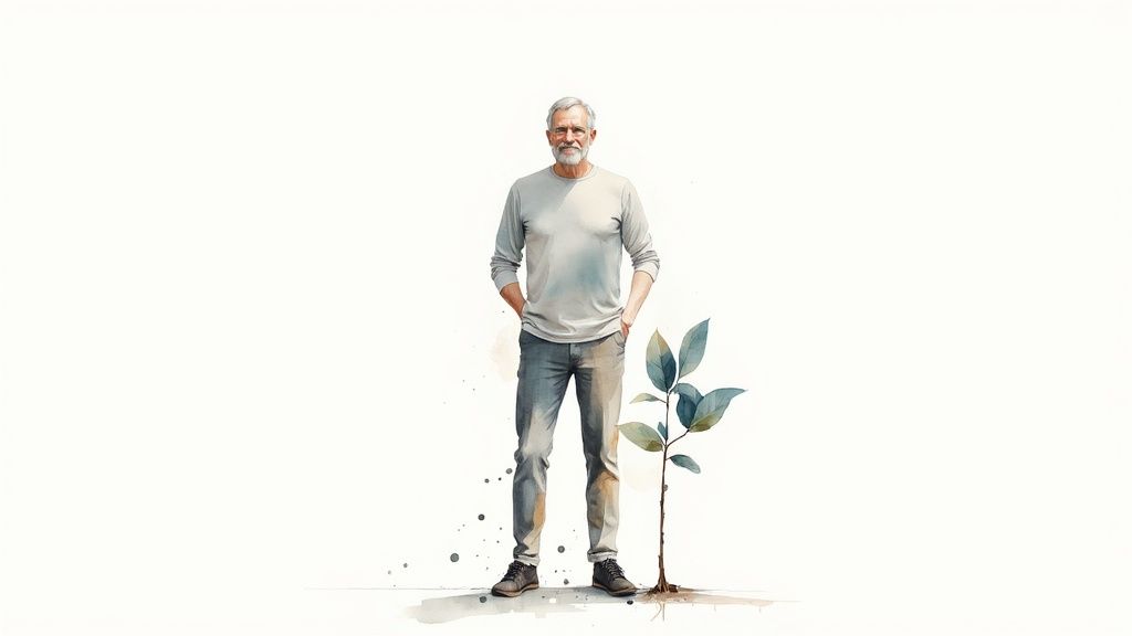 A smiling elderly man with gray hair and a beard stands next to a small green plant.