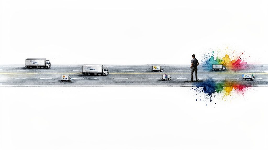 A man observes various delivery trucks on a road, amidst a vibrant watercolor splash effect.