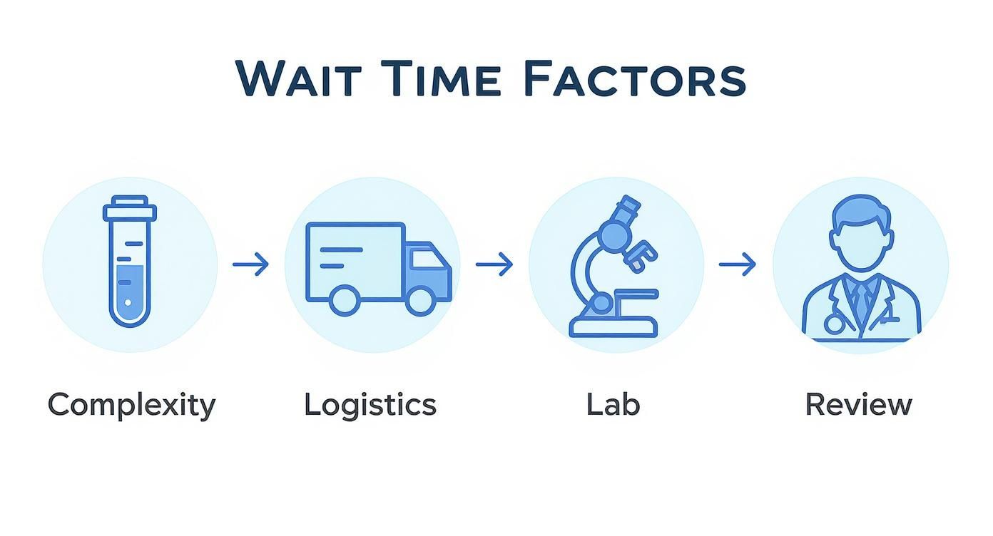 Flowchart illustrating medical test wait time factors: sample complexity, logistics, lab processing, and doctor review.