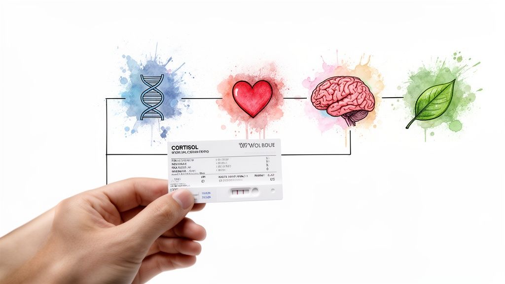 A hand holds a cortisol test card, linking genetic, heart, brain, and natural health factors.