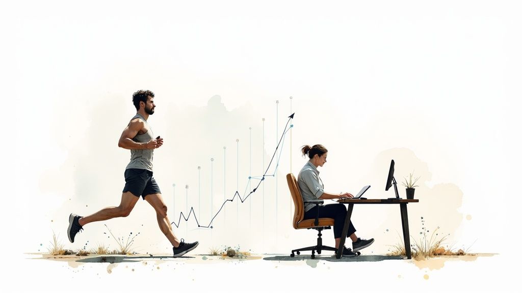 A man running and a woman working at a desk, with a rising growth graph connecting them.