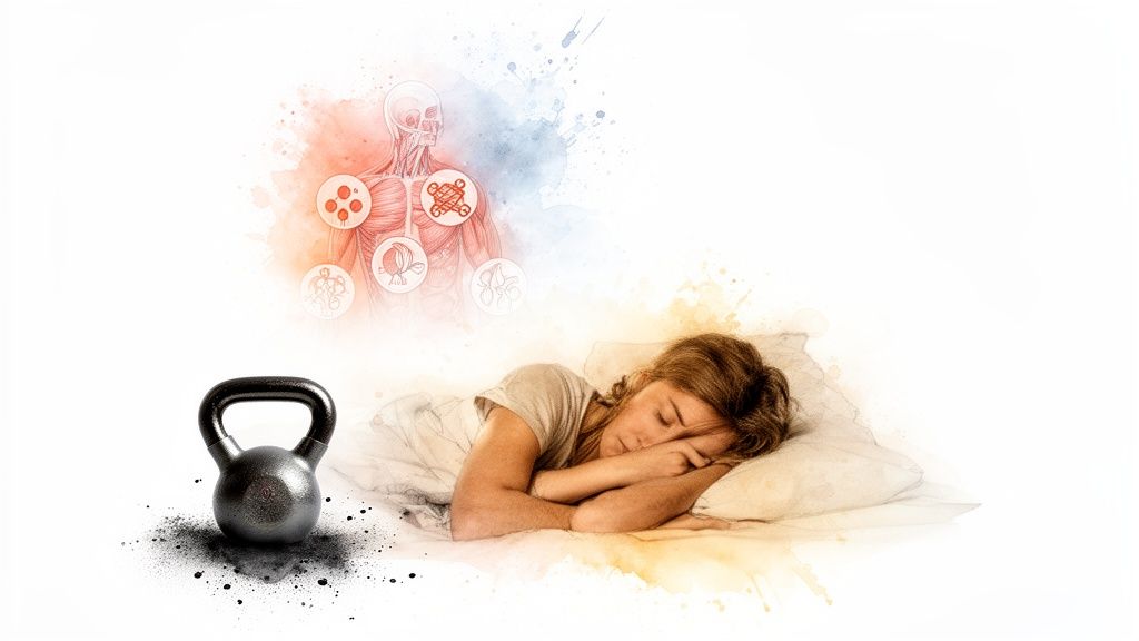 Woman sleeping peacefully next to a kettlebell, with an anatomical chart illustrating health and recovery.