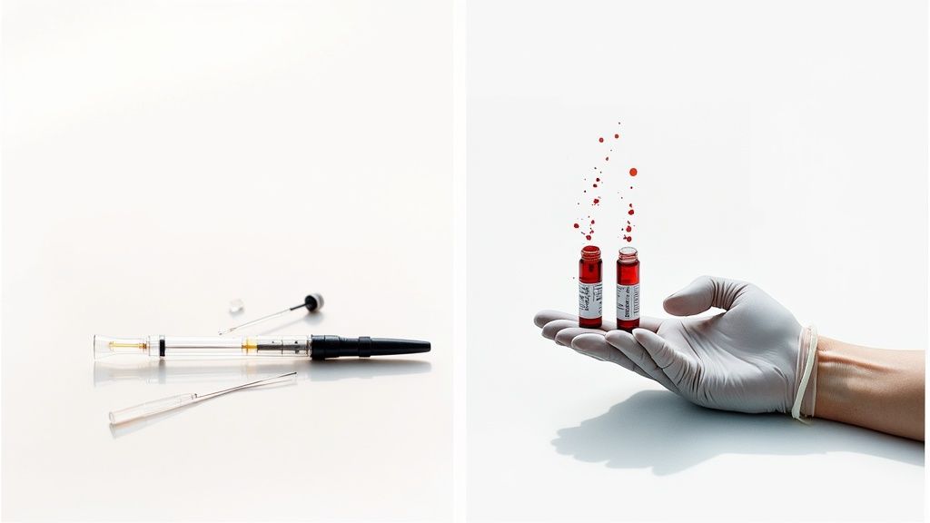 Syringe and needles on the left, gloved hand holding blood vials with splashes on the right.