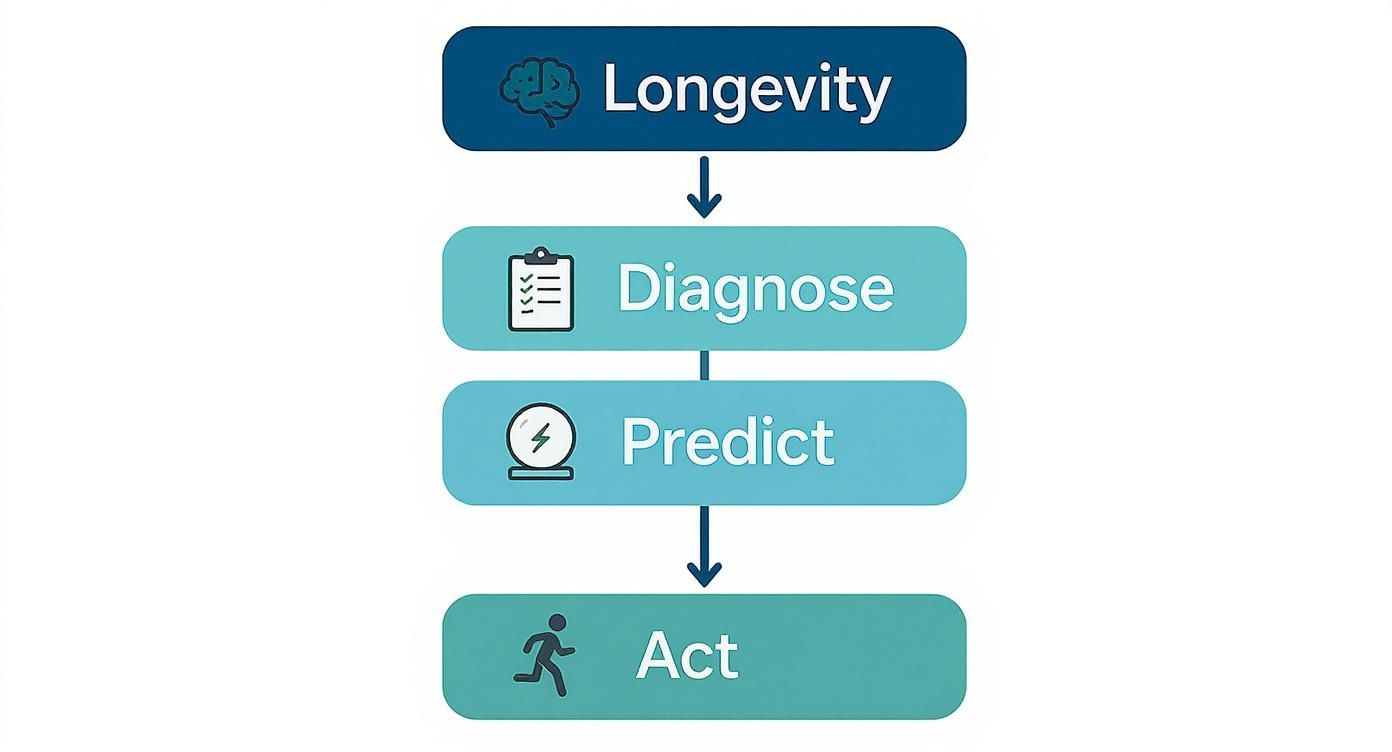 Diagram illustrating the process for achieving longevity, broken down into diagnose, predict, and act.