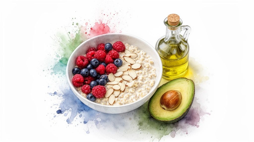 A healthy breakfast with oatmeal, berries, almonds, olive oil, and avocado on a white watercolor background.