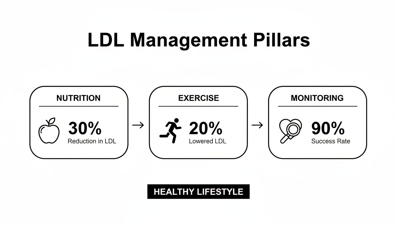 Infographic outlining LDL management pillars: nutrition, exercise, and monitoring for a healthy lifestyle.