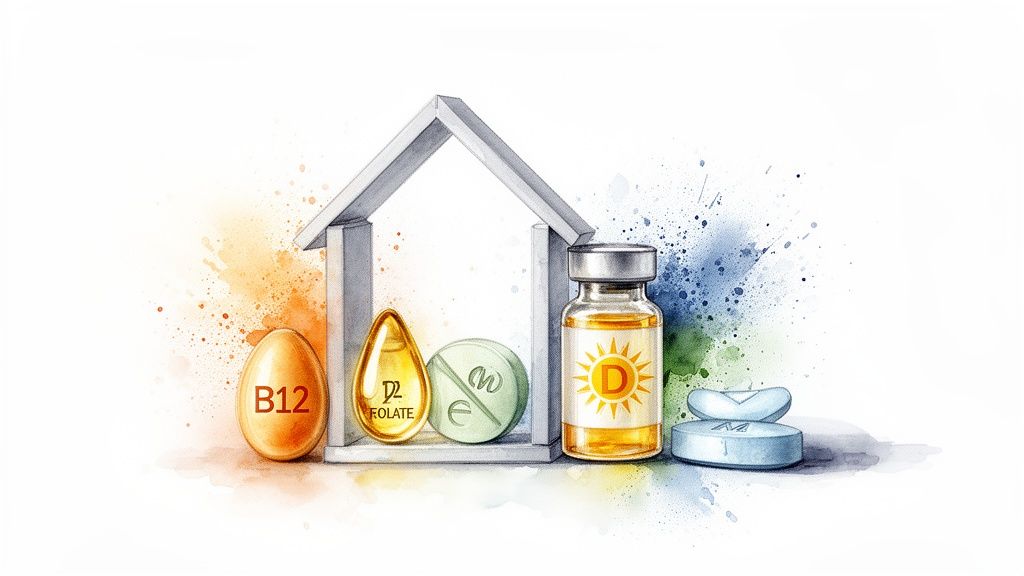 Watercolor illustration of vitamins (B12, Folate, D, E) and supplements inside a house frame.