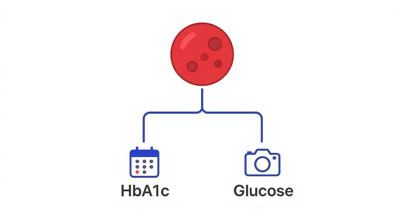 A red blood cell icon connects to HbA1c (calendar) and Glucose (camera) measurement icons.